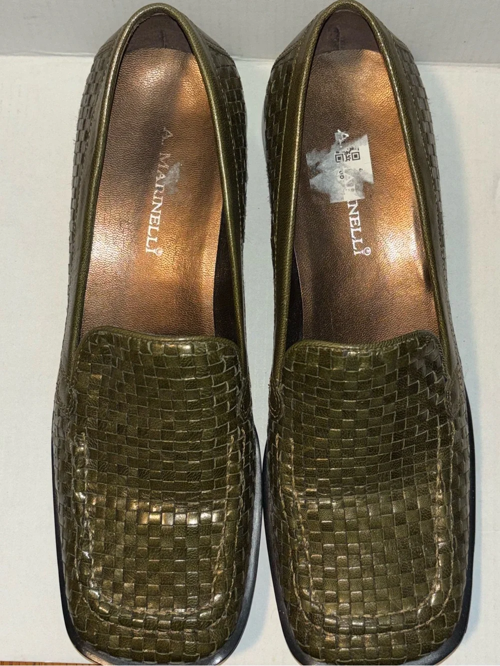 A. Marinelli Olive Woven Leather Loafers olive green Woman's Size 8 square toe